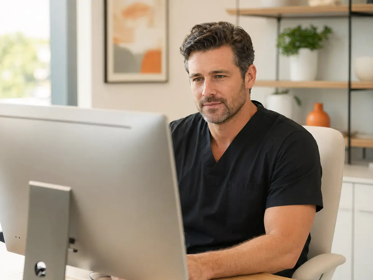 Doctor in black scrubs reading The Marketing Doctor healthcare marketing newsletter at his desk