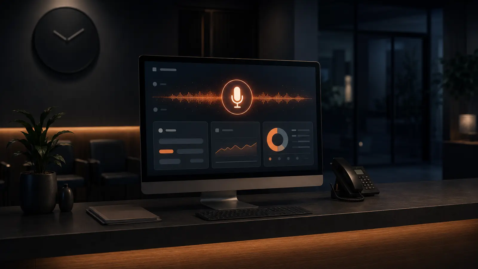 AI voice agent answering an ophthalmology practice's phone calls at night, with call-analysis waveforms and conversion scoring visualized on a dashboard
