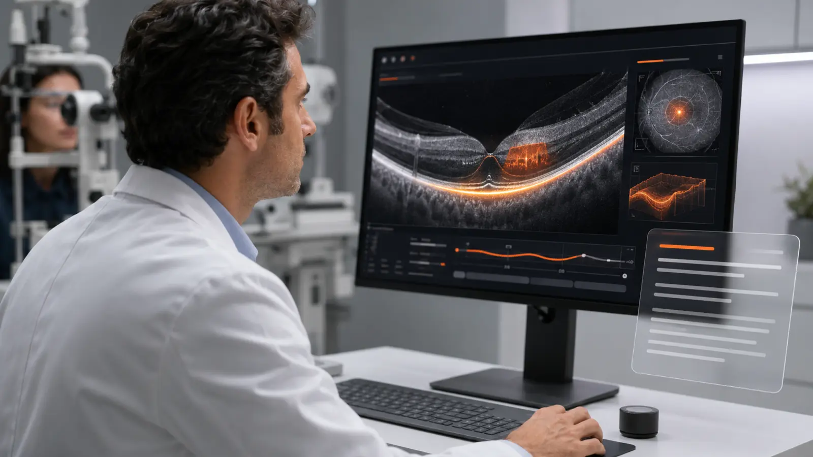 Ophthalmologist reviewing an OCT retinal scan with AI-highlighted regions while an ambient AI scribe documents the visit