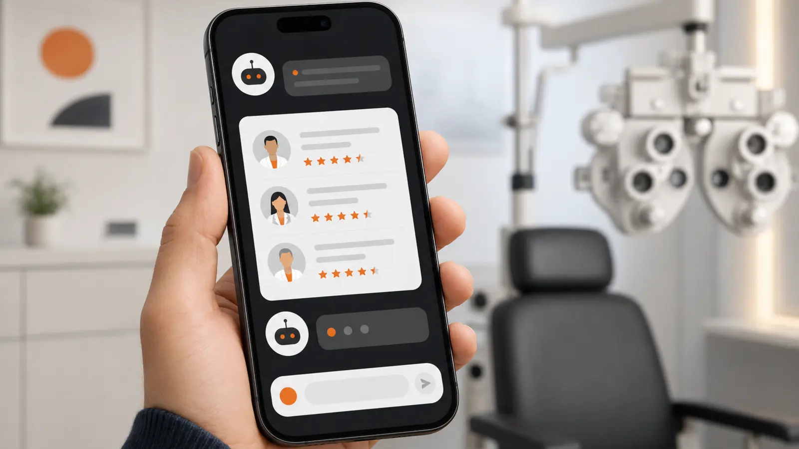 Patient asking an AI assistant on a smartphone to recommend a cataract surgeon, with a short list of practices appearing in a conversational answer