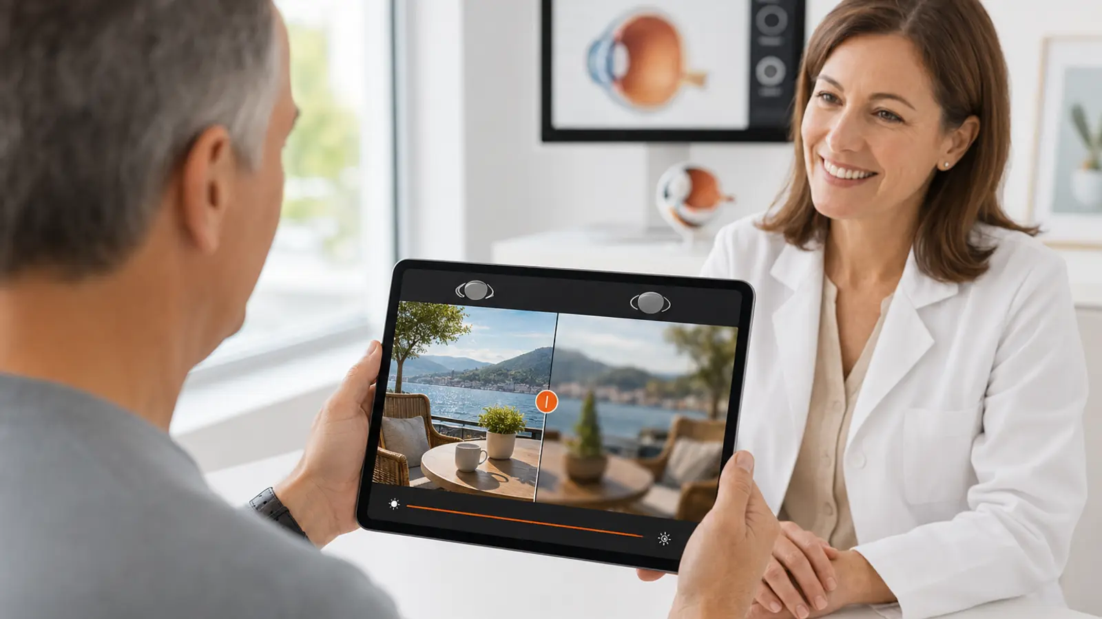 Patient using an interactive AI vision simulator on a tablet to compare how different intraocular lens options would affect their eyesight