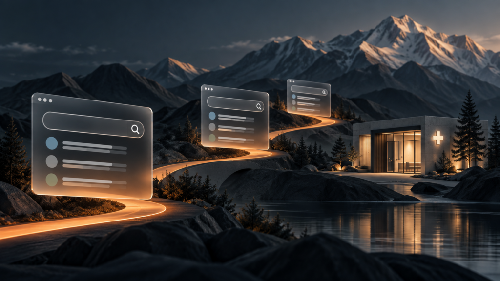 Editorial illustration of search interfaces connected by an orange route to a medical practice.