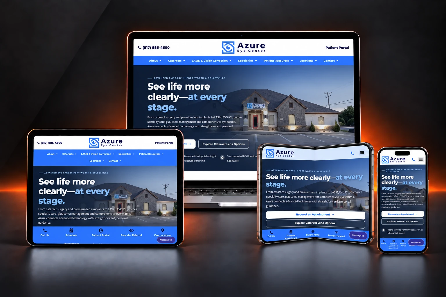 Azure Eye Center website design shown on laptop, tablet, and phone