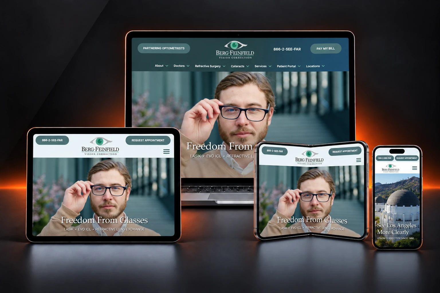 Berg-Feinfield Vision Correction website design shown on laptop, tablet, and phone