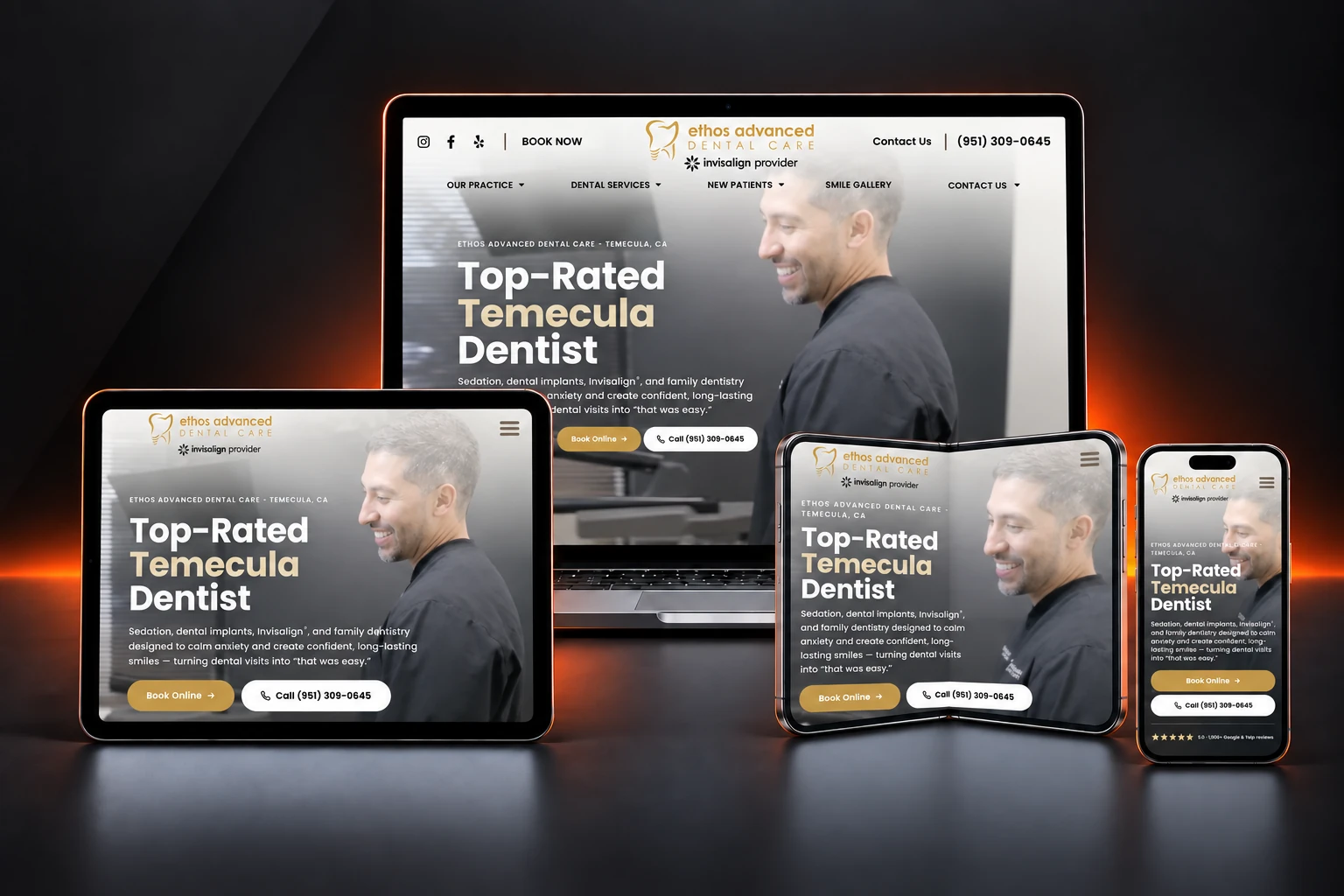 Ethos Advanced Dental website design shown on laptop, tablet, and phone