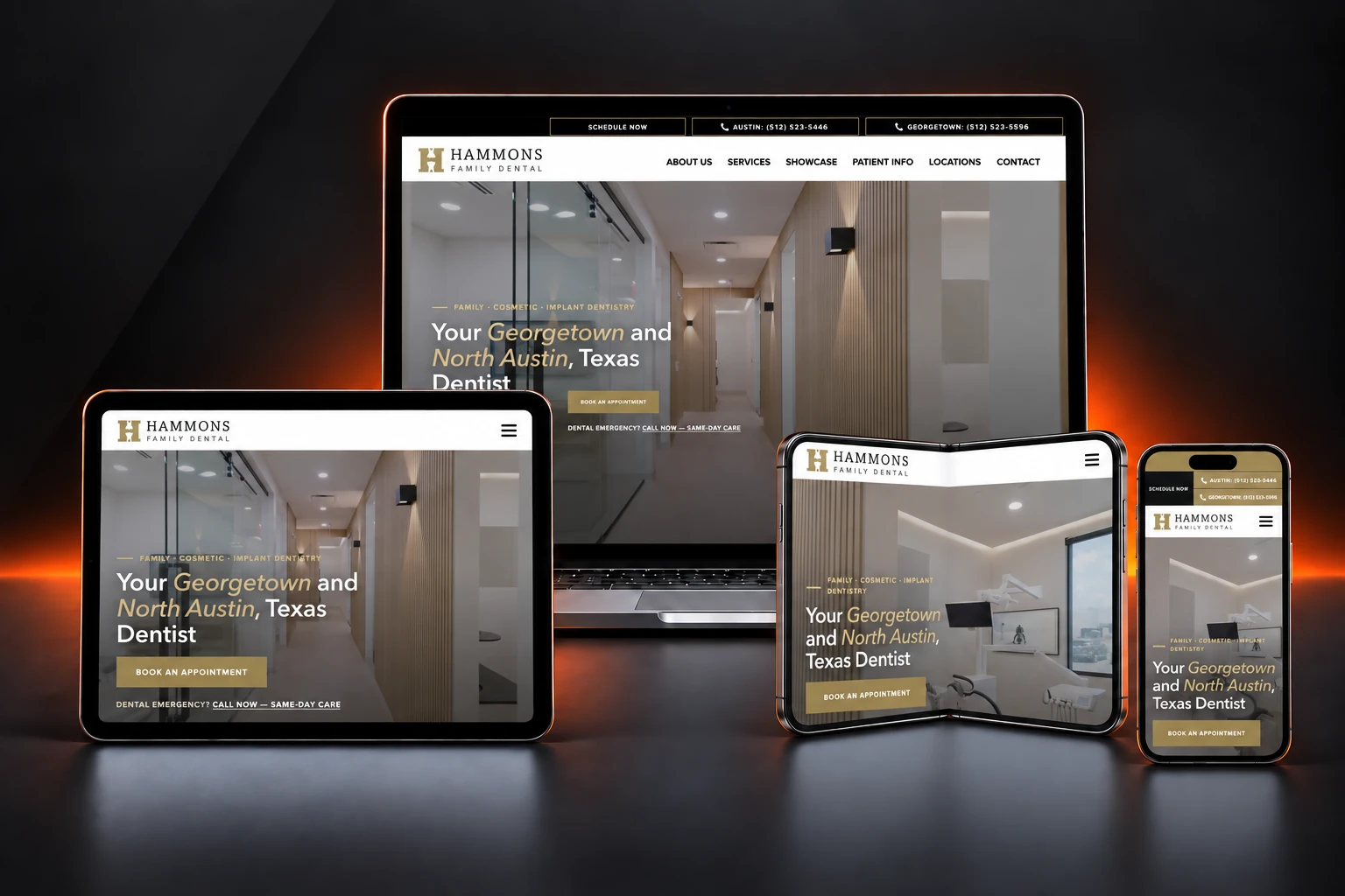 Hammons Family Dental website design shown on laptop, tablet, and phone