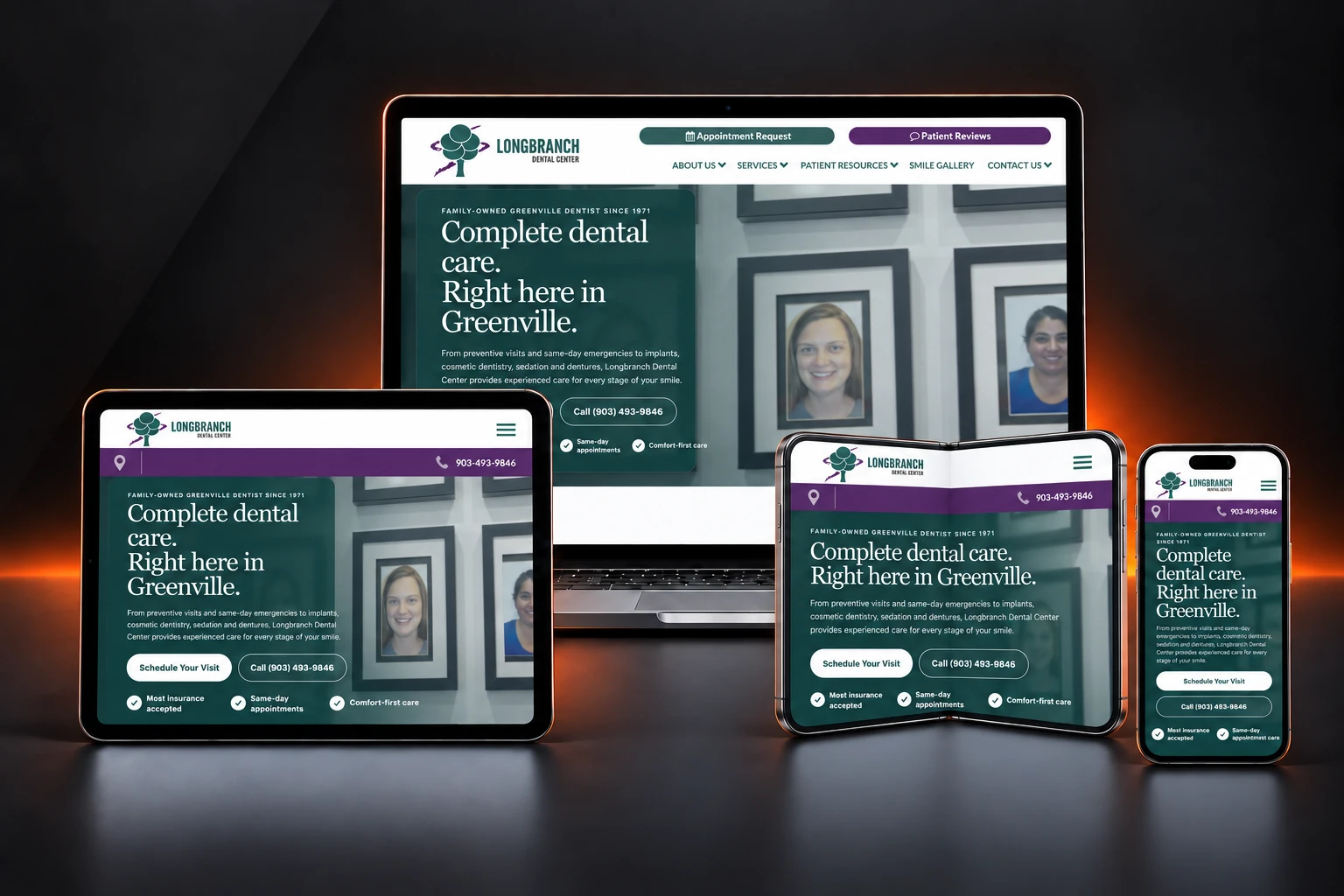 Longbranch Dental Center website design shown on laptop, tablet, and phone