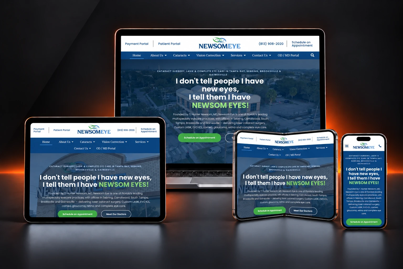 Newsom Eye website design shown on laptop, tablet, and phone