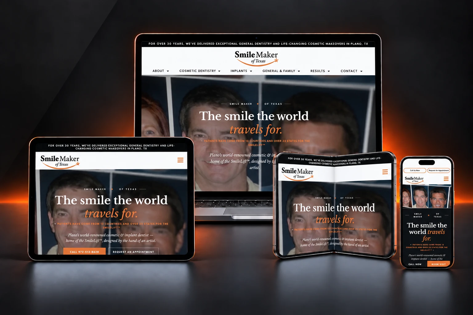 Smile Maker of Texas website design shown on laptop, tablet, and phone