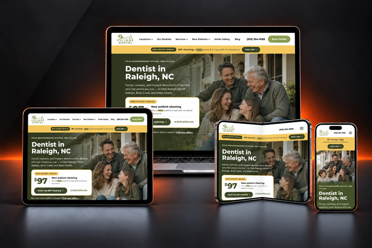 Village Dental website design shown on laptop, tablet, and phone